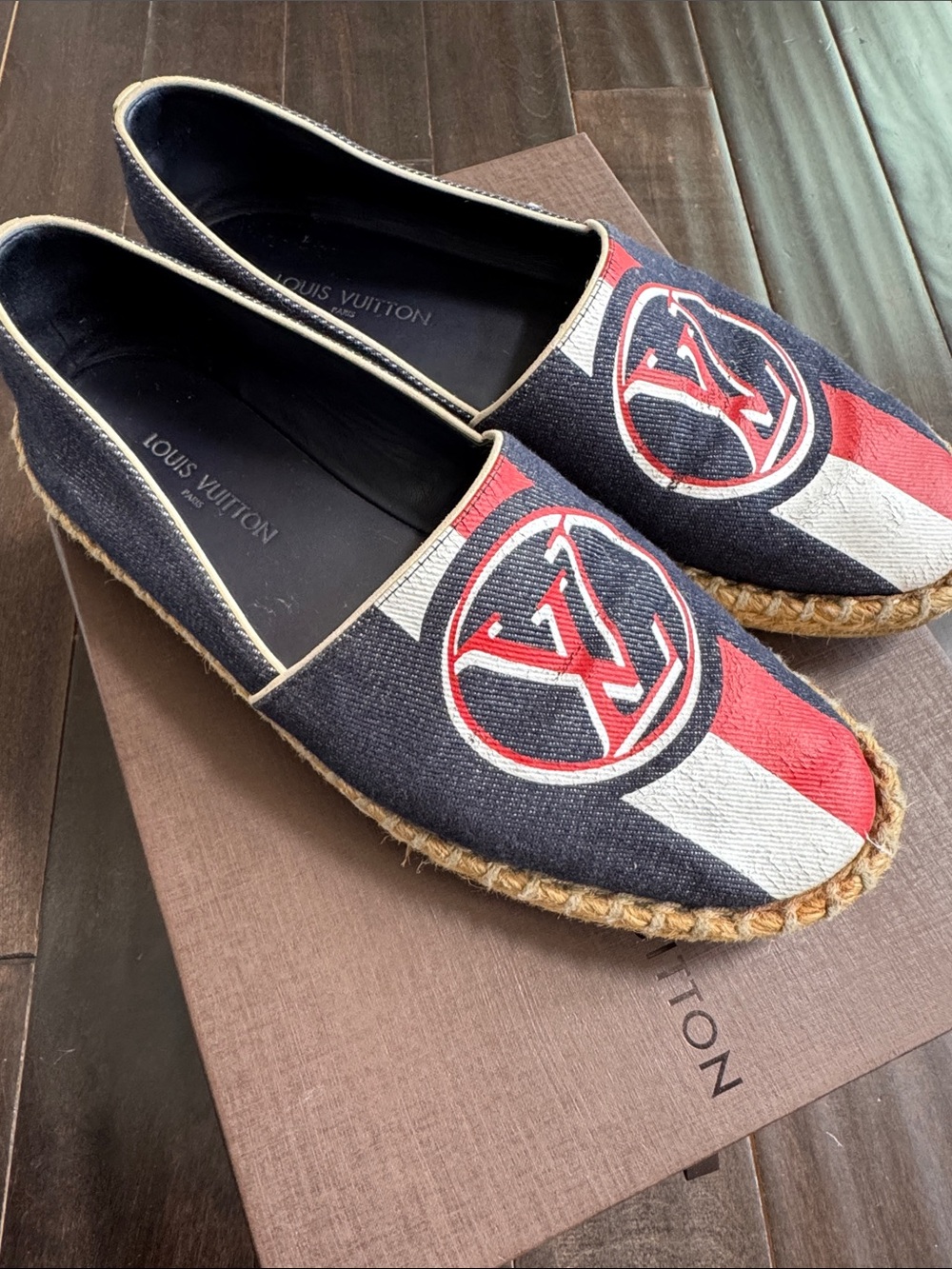 Women Louis Vuitton LV Logo Canvas Espadrilles Flats Shoes Navy Red White 37